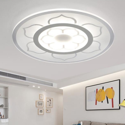 White Round Disc LED Ceiling Lamp with Flower Pattern Contemporary Acrylic Flush Mount