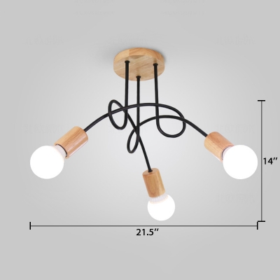 3/5 Heads Twisted Hanging Light Fixture with Open Bulb Minimalist Metal Lamp Light in Wood