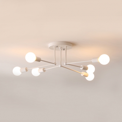 6/8 Heads Open Bulb Semi Flush Mount with White Linear Armed Minimalist Metal Ceiling Fixture