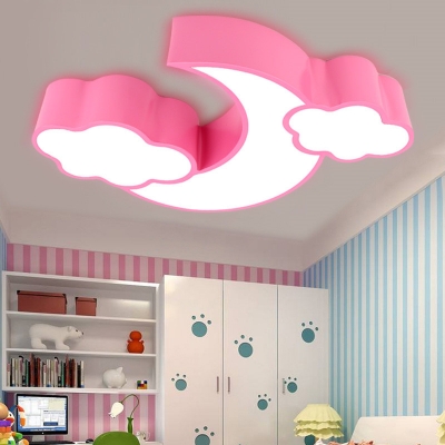 Acrylic LED Ceiling Lamp with Moon and Cloud Blue/Orange/Pink Flush Light for Kindergarten