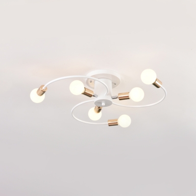 Bare Bulb Ceiling Lamp with White Swirl Arm Modern Design Metal 6 Lights Lighting Fixture