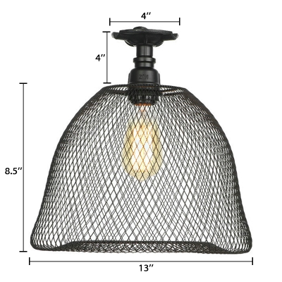 Black Mesh Cage Ceiling Flush Mount Vintage Metallic Single Head Semi Flush Mount for Coffee Shop