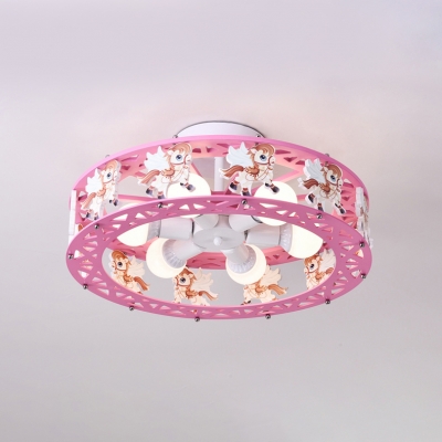 Blue/Pink Drum Semi Flush Light with Cartoon Horse Metal 6 Lights Ceiling Light for Kids
