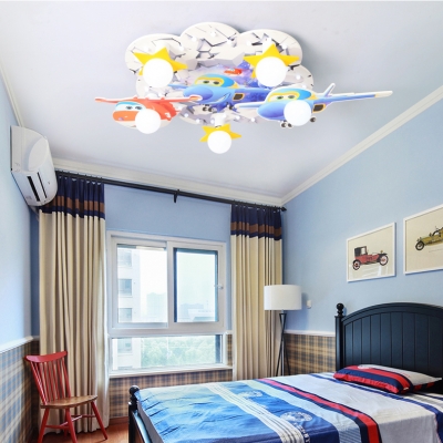 Cartoon Airplane 5 Lights Flush Mount White Finish Wooden Lighting Fixture for Boys Room