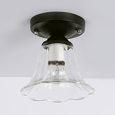Clear Glass Bell Semi Flushmount with Scalloped Edge Industrial 1 Head Surface Mount Ceiling Light in Black