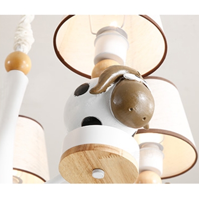 Fabric Shade Tapered Hanging Light with Cute Animal Baby Kids Room 5 Lights Chandelier in White