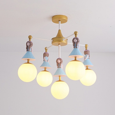 Milky Glass Shade Chandelier Lamp with Lovely Girls Decoration Brass Finish 5 Heads Hanging Light