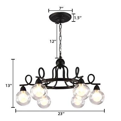 Mini Ball Chandelier Light with Twisted Arm Vintage Clear Glass 6 Lights Art Deco Suspension in Black