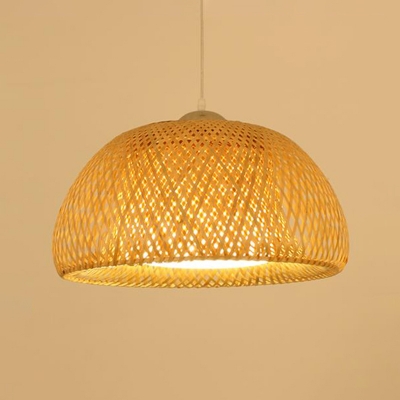 Modernism Dome Suspension Light Weave 1 Bulb Pendant Lamp in Wood with Glass Shade