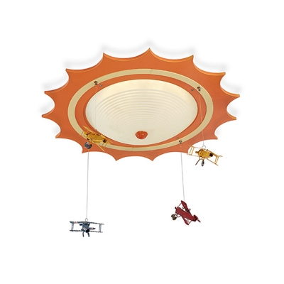 Orange Sun Shape Flush Mount with Airplane Ripple Glass Single Light Ceiling Fixture for Kids