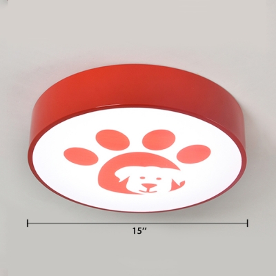 Red/Yellow Drum Shade Flushmount with Cute Dog Acrylic LED Ceiling Light for Nursing Room