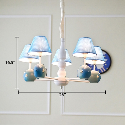 Tapered 5 Lights Hanging Light with Fish Blue Fabric Shade Chandelier Lamp for Bedroom