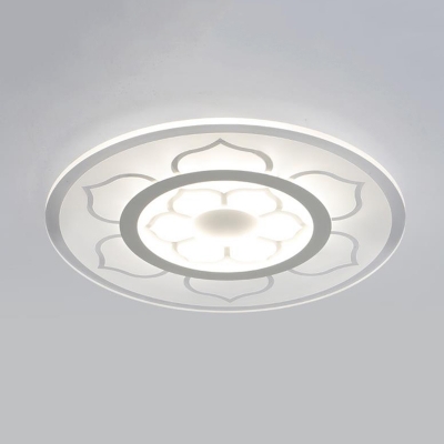 White Round Disc LED Ceiling Lamp with Flower Pattern Contemporary Acrylic Flush Mount