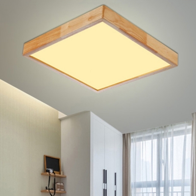 Wooden Squared LED Ceiling Lamp Natural Minimalist Flush Light Fixture in Warm/White