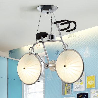 2 Lights Bicycle Hanging Lamp Nursing Room Frosted Glass Shade Suspended Light in Silver
