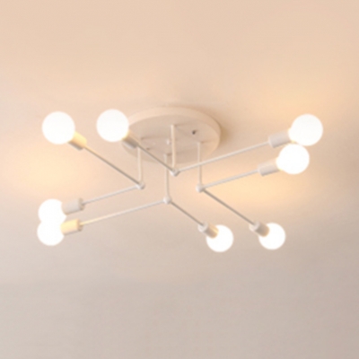 6/8 Heads Open Bulb Semi Flush Mount with White Linear Armed Minimalist Metal Ceiling Fixture