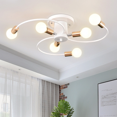 Bare Bulb Ceiling Lamp with White Swirl Arm Modern Design Metal 6 Lights Lighting Fixture