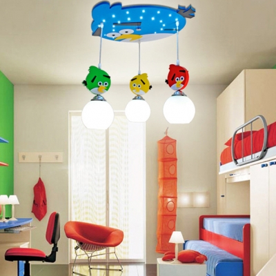Cartoon Birds Hanging Lamp with Frosted Glass Shade Amusement Park 3 Lights Suspended Light