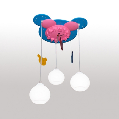 Cartoon Mouse 3 Lights Hanging Lamp with Clock Design White Glass Shade Pendant Light for Kids