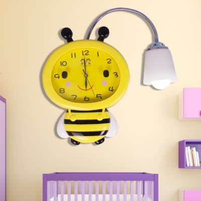 Cute Bee 1 Head Wall Sconce with Clock Yellow Acrylic Wall Light Sconce for Baby Kids Room