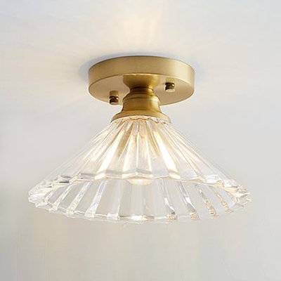 Flared Semi Flush Mount with Textured Glass Shade Vintage Retro Style Art Deco Ceiling Lamp in Brass