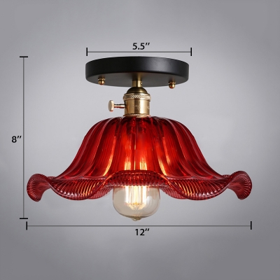 Vintage Flared Ceiling Fixture with Scarlet Red Wavy Glass Shade Single Head Art Deco Semi Flushmount