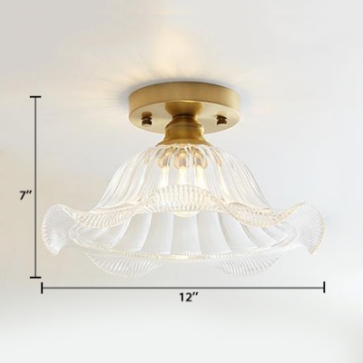 Wavy Glass Flared Semi Flush Light Industrial Vintage 1 Bulb Ceiling Flush Mount in Brass for Sitting Room