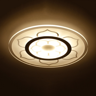 White Round Disc LED Ceiling Lamp with Flower Pattern Contemporary Acrylic Flush Mount