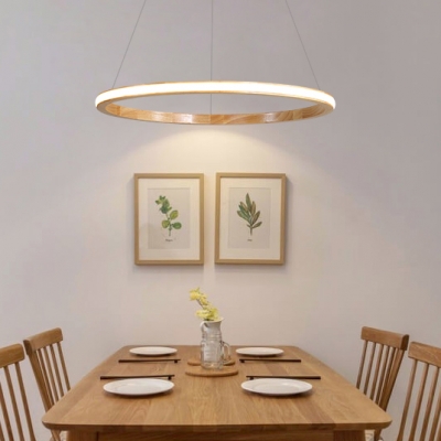 Wood Circle Hanging Light Fixture Nordic Style LED Suspension Light in Neutral for Sitting Room