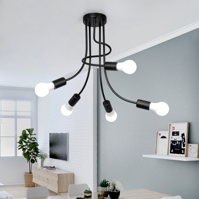 5 Heads Bare Bulb Hanging Lamp with Curved Arm Modern Industrial Metal Suspension Light in Black