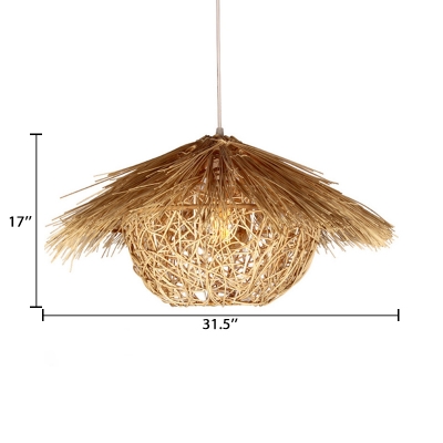 Asian Style Bowl Shade Suspension Rattan 1 Head Hanging Ceiling Lamp in Wood for Restaurant