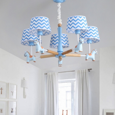 Blue Zig Zag Fabric Shade Chandelier with Cartoon Horse 5 Lights Hanging Lamp for Nursing Room