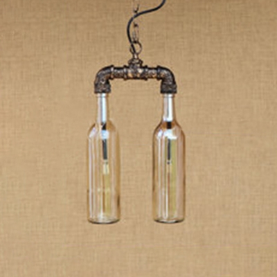 Glass Shade Bottle Hanging Light Retro Style 2 Lights Chandelier in Antique Bronze for Staircase