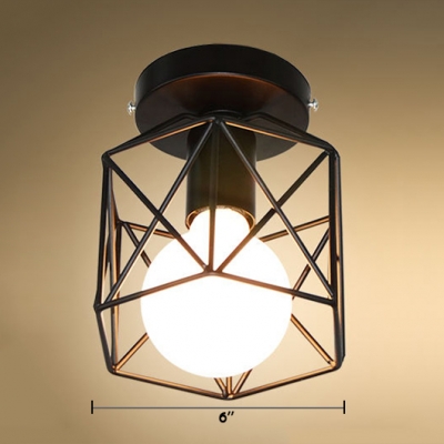 Metal Cage Ceiling Fixture with White Hexagon Shade Modern Chic 1 Bulb Mini Surface Mount Light