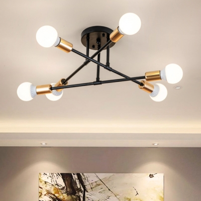 Modern Crossed Lines Semi Flush Light Metallic 6 Bulbs Decorative Lighting Fixture in Brass