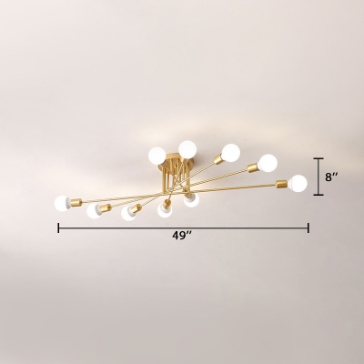 Open Bulb Linear Semi Flushmount Minimalist Metallic 6/8/10 Heads Ceiling Fixture in Gold