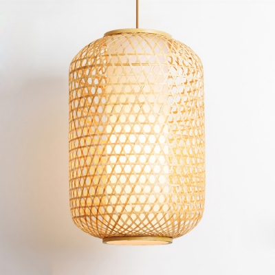 Single Head Cylinder Pendant Lighting Lodge Style Knit Hanging Lamp in Wood for Hallway Corridor