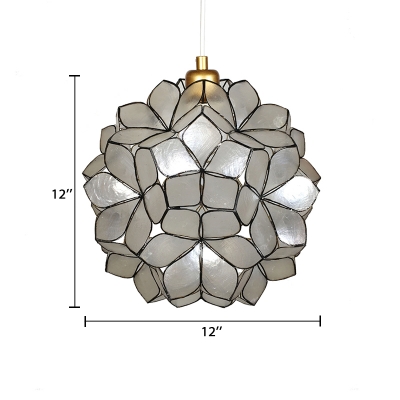 Sphere Shade Pendant Lamp with Flower Pattern Vintage Sea Shell 1 Head Hanging Light in Brass