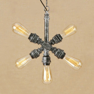 Sputnik Chandelier with Pipe Shape Vintage Industrial Metal 5 Lights Hanging Lamp in Antique Silver