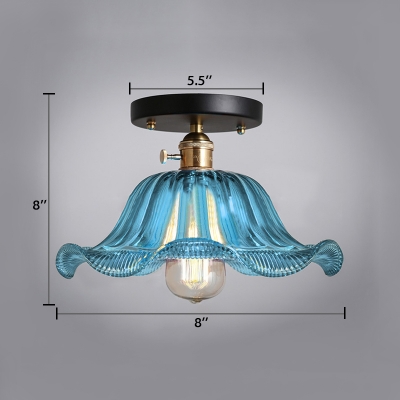 1 Head Flared Semi Flush Light Fixture Traditional Indoor Lighting with Sky Blue Wavy Glass Shade