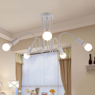 3/5 Lights Bare Bulb Suspension Light with White Curved Arm Simplicity Metallic Light Fixture