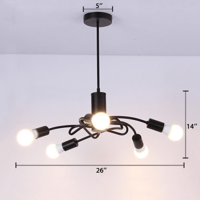 5 Lights Open Bulb Hanging Light with Black Curved Arm Industrial Iron Chandelier Light