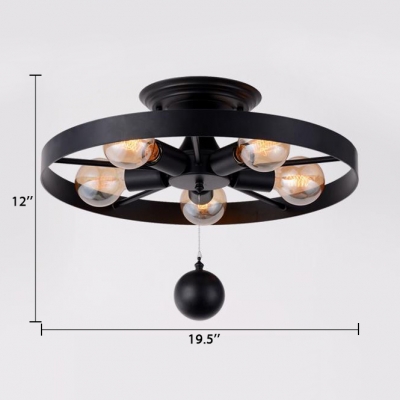 5 Lights Wheel Ceiling Fixture Industrial Loft Style Metal Flushmount with Hanging Ball in Black
