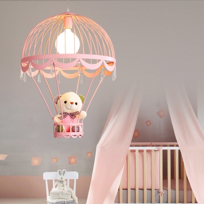 Lovely Hot Air Balloon Pendant Light with Bear Baby Kids Room Metal 1 Light Hanging Ceiling Light in Blue/Pink