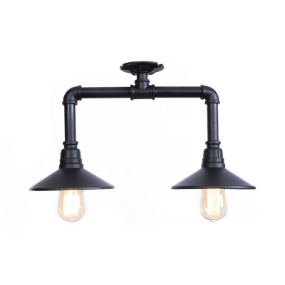 2 Lights Conical Ceiling Flush Mount Concise Traditional Metal Semi Flush Light in Matte Black for Coffee Shop