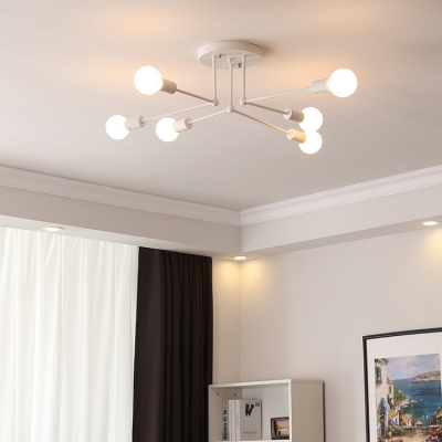 6/8 Heads Open Bulb Semi Flush Mount with White Linear Armed Minimalist Metal Ceiling Fixture