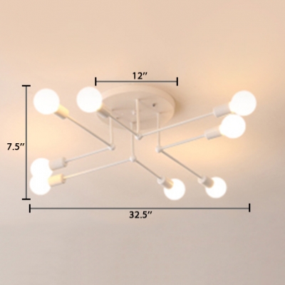 6/8 Heads Open Bulb Semi Flush Mount with White Linear Armed Minimalist Metal Ceiling Fixture