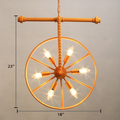6 Bulbs Wheel Hanging Chandelier Industrial Wrought Iron Suspended Light in Orange