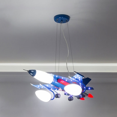 Blue Airplane Chandelier Lamp White Glass Shade 3 Heads Hanging Lamp for Game Room