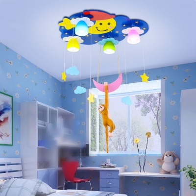 Blue/Pink Cloud Shape Flush Mount with Monkey Wood 4 Lights Ceiling Fixture for Children Bedroom